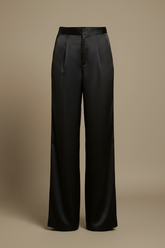 Pantalon Fluide Noir Satiné Taille Haute Élégant - vue 3