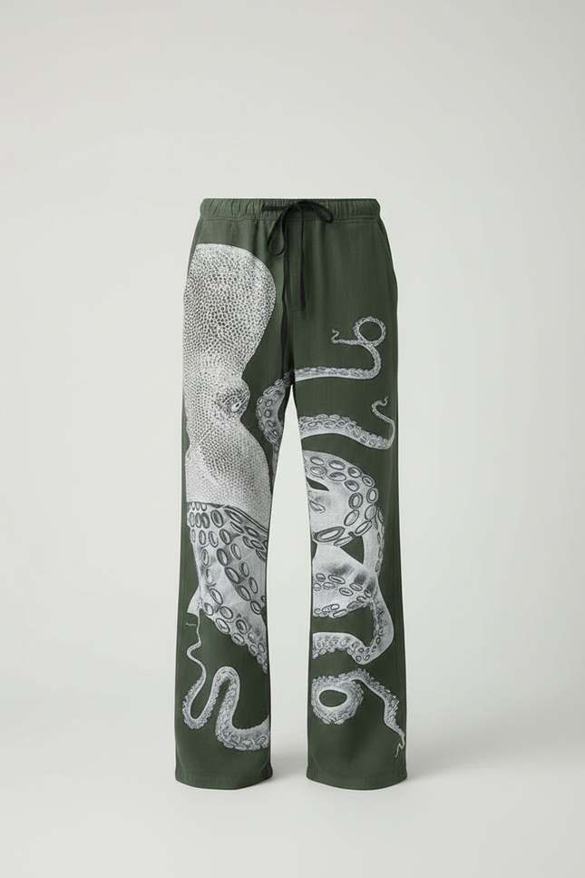 Pantalon Fluide Vert Poulpe Imprimé Ample Homme - Kaki Lin - vue 3