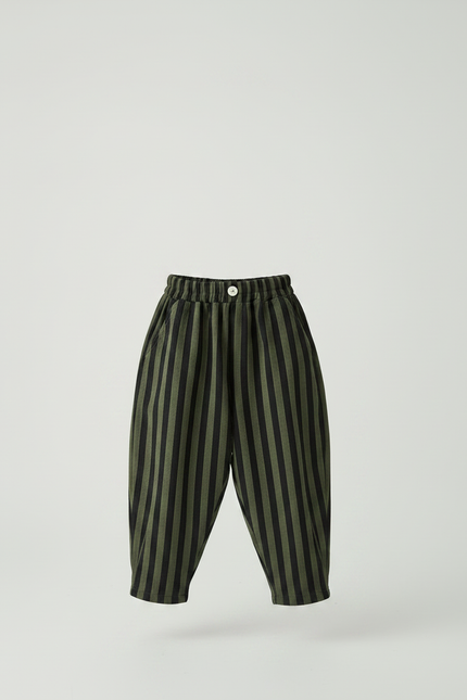 Pantalon Fluide Rayé Vert Noir Ample Coton Enfant - Kaki - vue 3