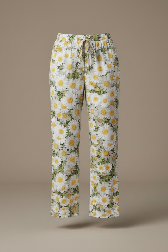 Pantalon Fluide Imprimé Marguerites Ample Décontracté Estival - Lin - vue 3