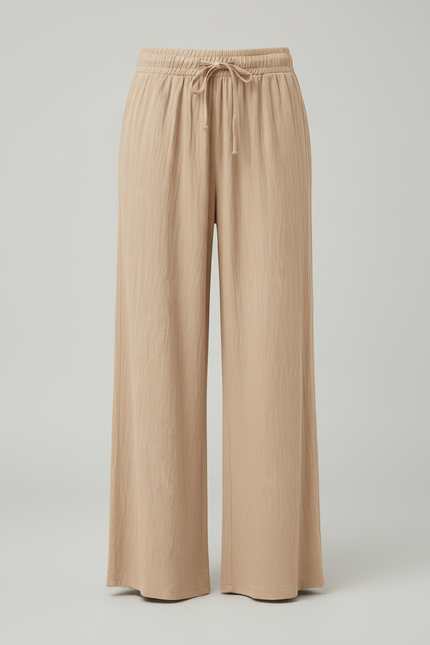 Pantalon Fluide Beige Coton Lin Ample Cordon - vue 3