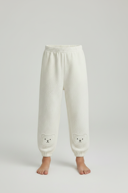 Pantalon Fluide Écru Coton Ample Brodé Oursons - Beige Maille - vue 3