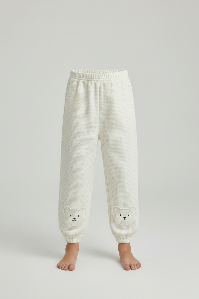 Pantalon Fluide Écru Coton Ample Brodé Oursons - Beige Maille - vue 3