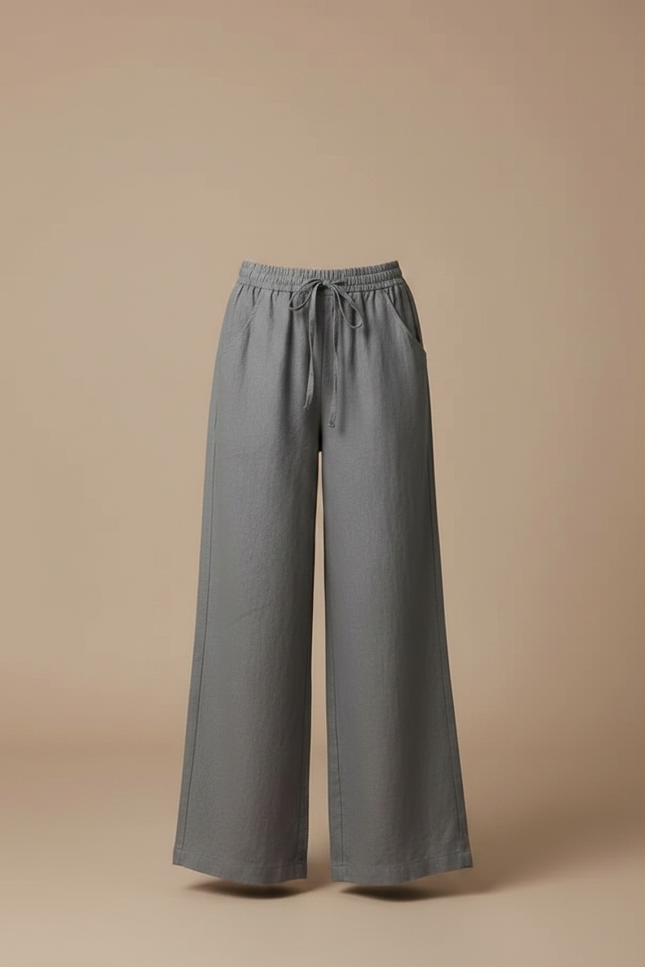 Pantalon Fluide Gris Ample Coton Lin Confortable - vue 3