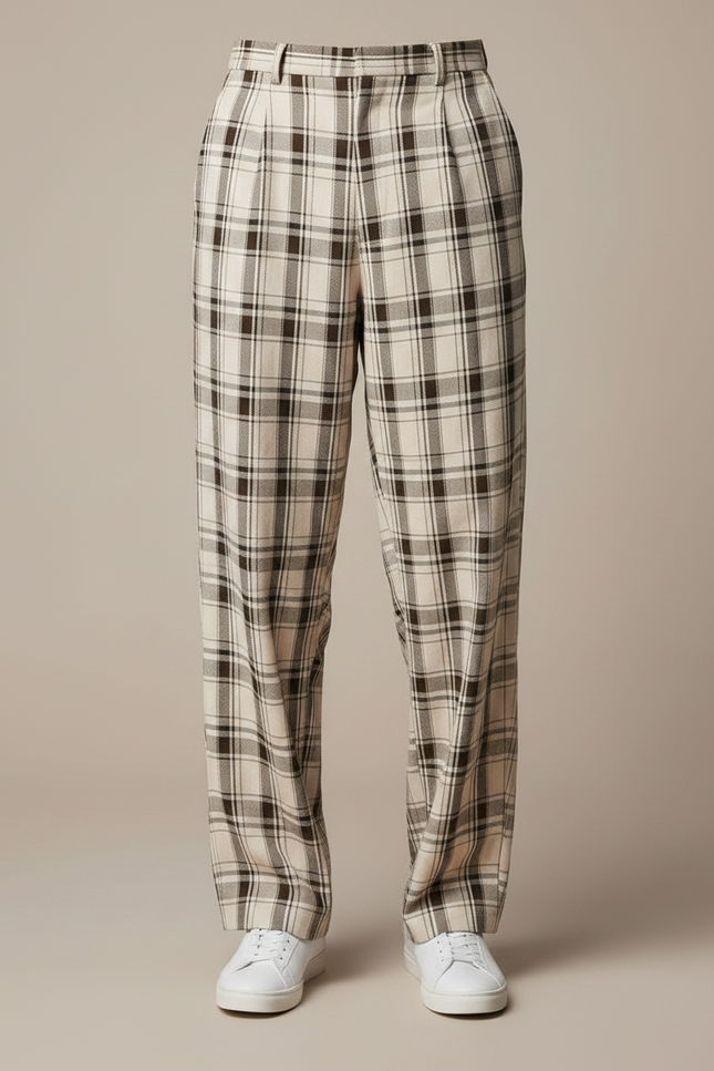 Pantalon Fluide Écru Carreaux Ample Plissé Homme - Beige Lin - vue 3