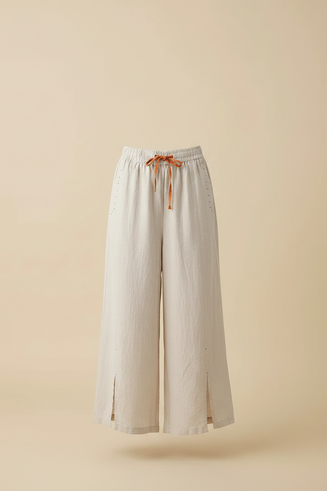 Pantalon Fluide Beige Lin Ample Décontracté Fendu - vue 3
