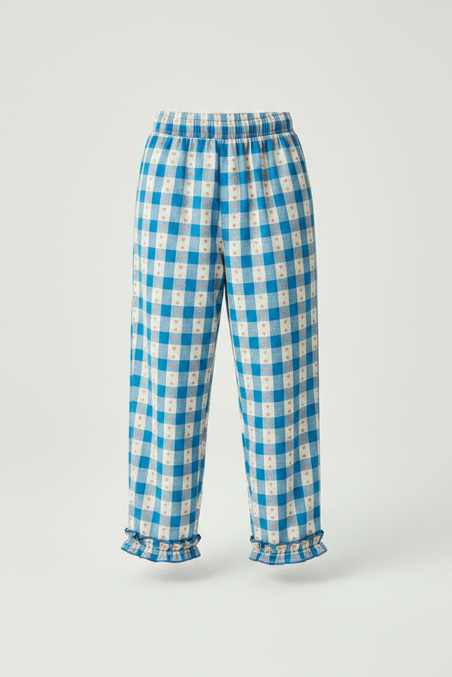 Pantalon Fluide Carreaux Bleu Ciel Volants Coton Enfant - vue 3
