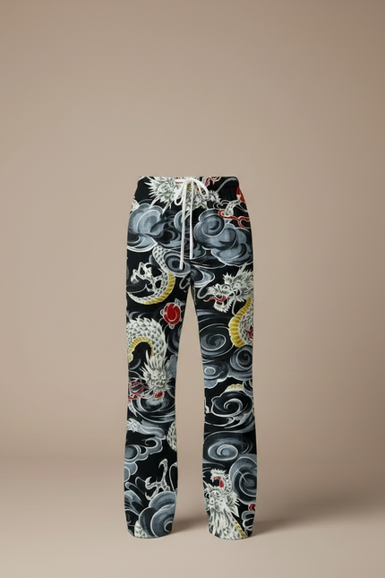 Pantalon Fluide Noir Dragon Ample Décontracté Homme - Imprimé Viscose - vue 3