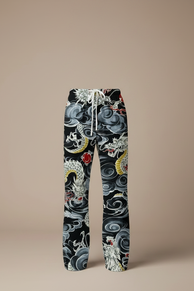 Pantalon Fluide Noir Dragon Ample Décontracté Homme - Imprimé Viscose - vue 3