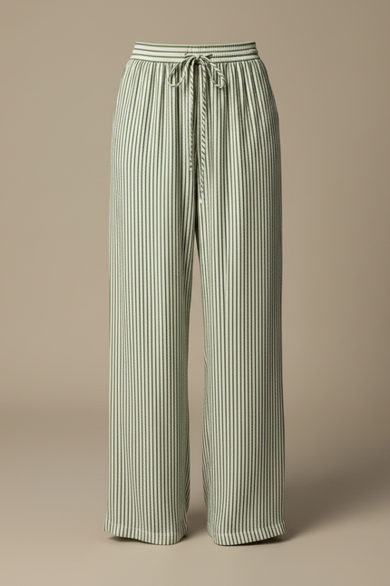 Pantalon Fluide Rayé Vert Ample Cordon Décontracté - Coton - vue 3