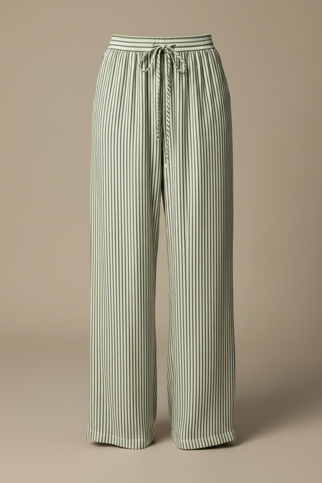 Pantalon Fluide Rayé Vert Ample Cordon Décontracté - Coton - vue 3