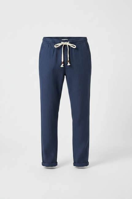 Pantalon Fluide Homme Bleu Marine Lin Décontracté Cordon - vue 3