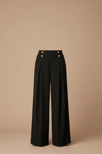 Pantalon Fluide Noir Ample Taille Haute Boutons Dorés - Polyester - vue 3