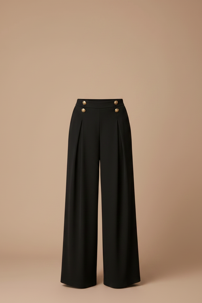 Pantalon Fluide Noir Ample Taille Haute Boutons Dorés - Polyester - vue 3