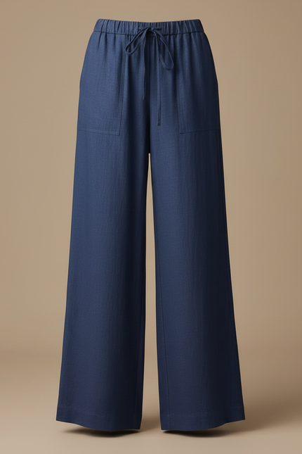 Pantalon Fluide Bleu Cordon Ample Lin Femme - vue 3