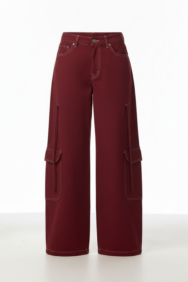 Pantalon Fluide Cargo Rouge Ample Large Décontracté Femme - Bordeaux Gabardine - vue 3