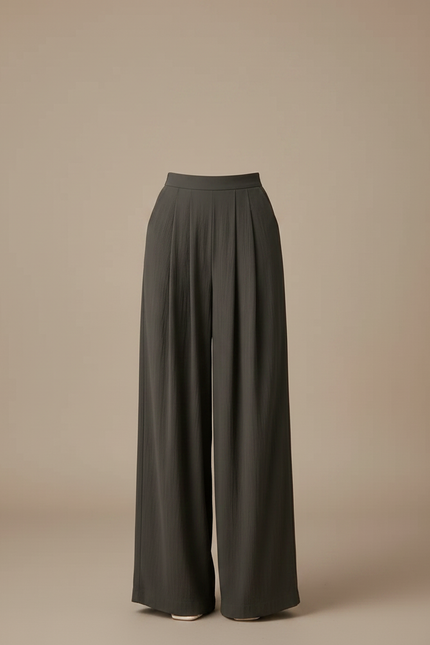 Pantalon Fluide Kaki Ample Plissé Taille Haute - Viscose - vue 3