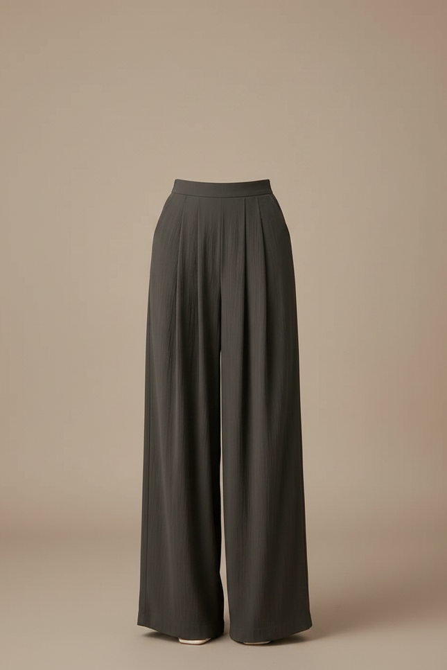 Pantalon Fluide Kaki Ample Plissé Taille Haute - Viscose - vue 3