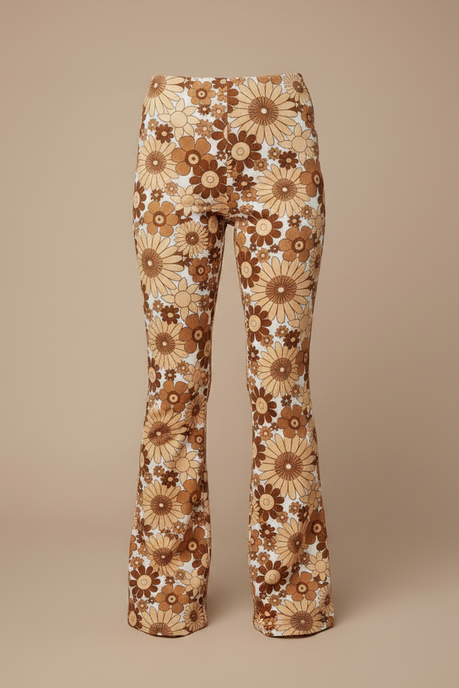 Pantalon Fluide Évasé Marron Beige Floral Rétro Confortable - Multicolore Maille - vue 3