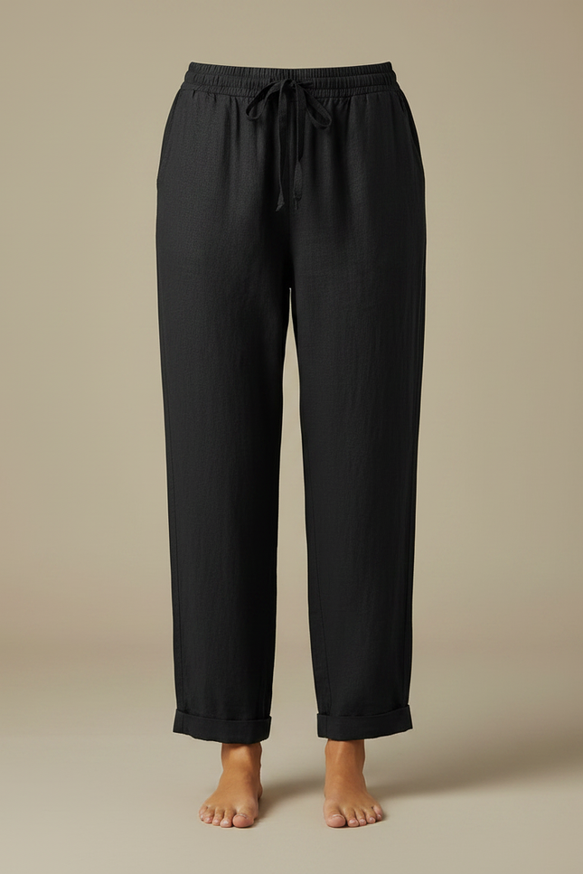 Pantalon Fluide Noir Coton Lin Ample Décontracté - vue 3