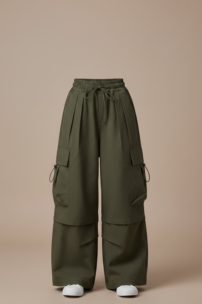 Pantalon Fluide Kaki Ample Cargo Fille Streetwear - Gabardine - vue 3
