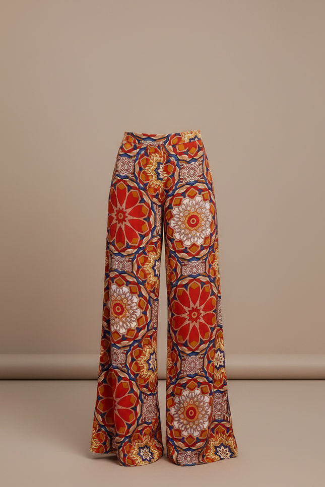 Pantalon Fluide Imprimé Floral Ample Bohème Éléments Géométriques - Multicolore Viscose - vue 3