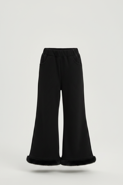 Pantalon Fluide Noir Côtelé Évasé Fourrure Fille - Cordé - vue 3