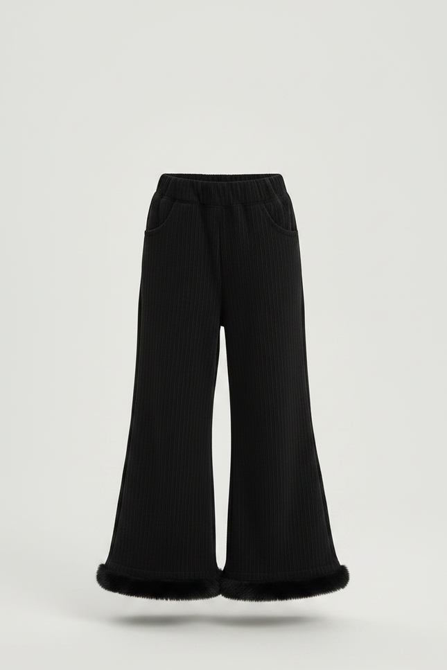 Pantalon Fluide Noir Côtelé Évasé Fourrure Fille - Cordé - vue 3