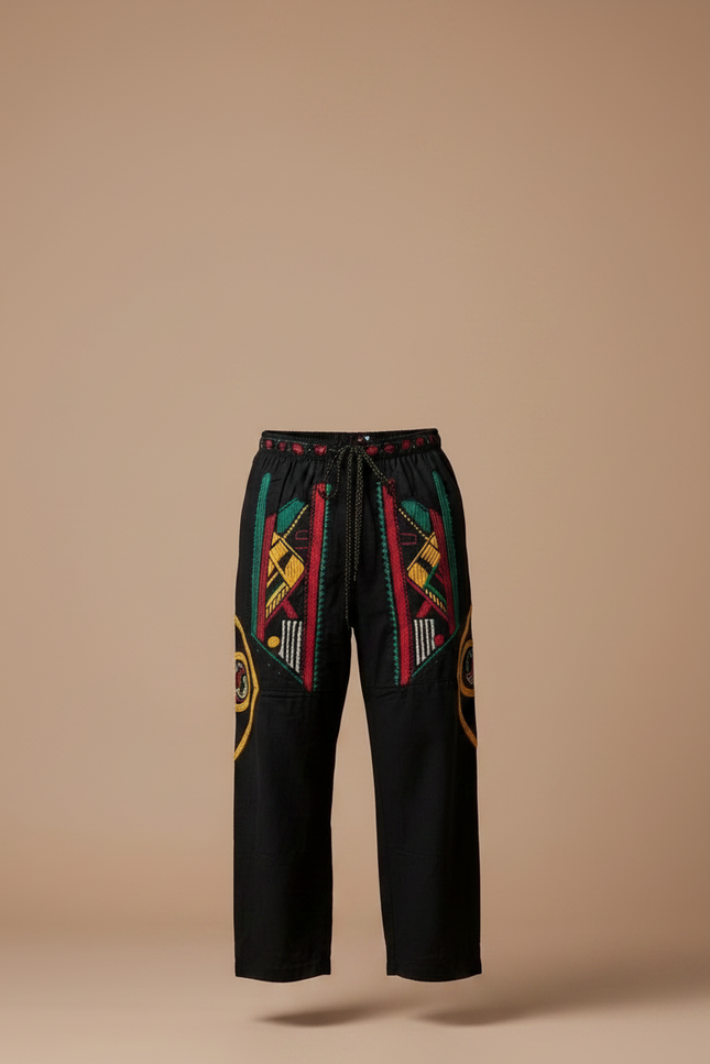 Pantalon Fluide Noir Ample Tribal Africain Coloré Décontracté - Multicolore Toile - vue 3