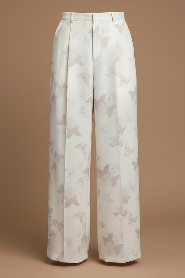 Pantalon Fluide Blanc Cassé Jacquard Papillons Ample Élégant - Satin - vue 3