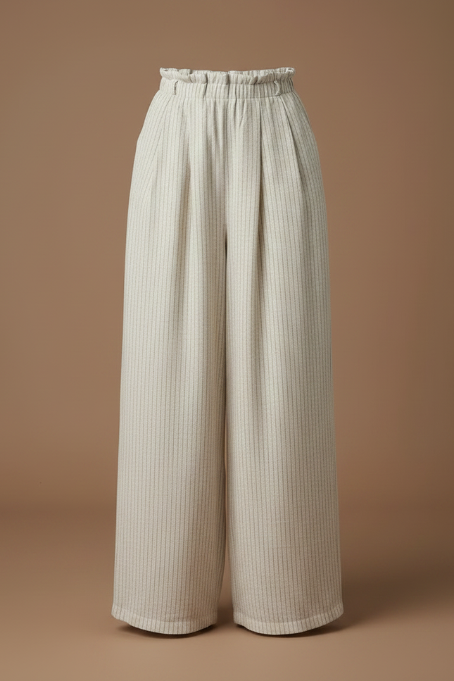 Pantalon Fluide Beige Rayé Ample Taille Haute Décontracté - Viscose - vue 3
