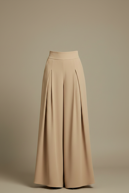 Pantalon Fluide Beige Large Plissé Élégant Taille Haute - Viscose - vue 3