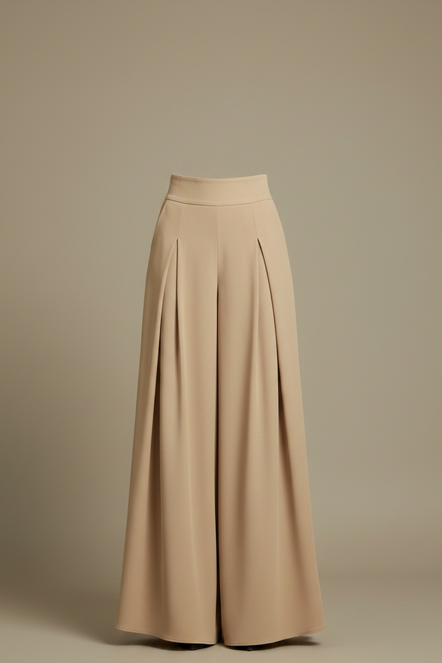 Pantalon Fluide Beige Large Plissé Élégant Taille Haute - Viscose - vue 3