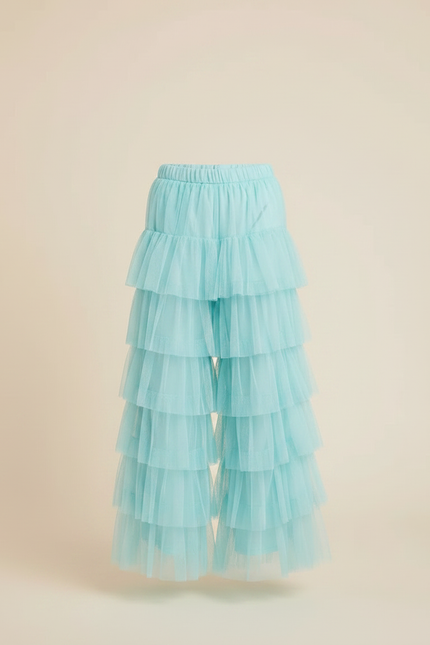 Pantalon Fluide Tulle Volants Ample Bleu Ciel Fille - Polyester - vue 3
