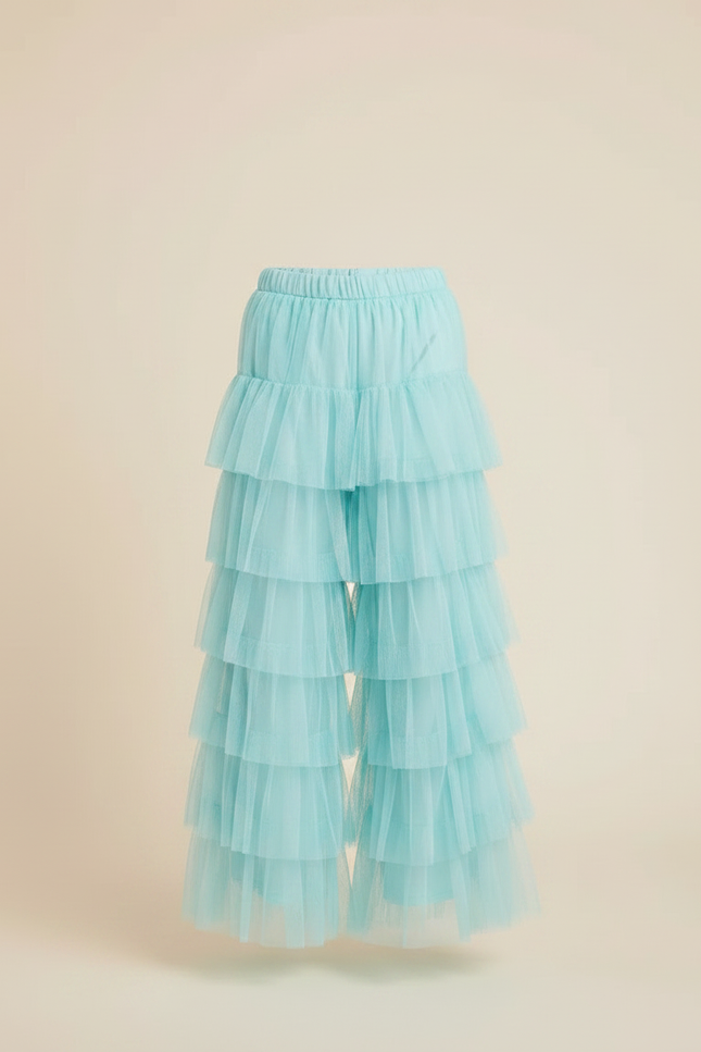 Pantalon Fluide Tulle Volants Ample Bleu Ciel Fille - Polyester - vue 3