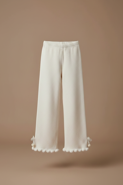 Pantalon Fluide Écru Ample Tricot Pompons Fille - Beige Maille - vue 3