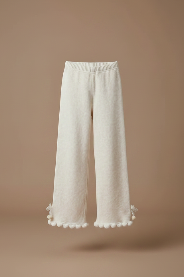Pantalon Fluide Écru Ample Tricot Pompons Fille - Beige Maille - vue 3