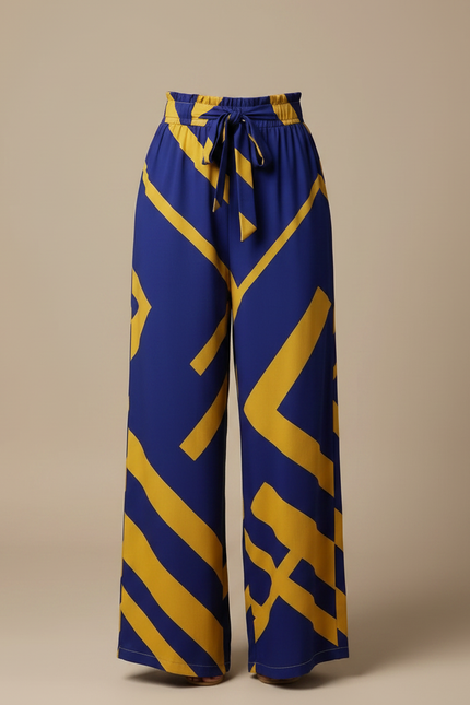 Pantalon Fluide Imprimé Géométrique Bleu Jaune Ample Décontracté - Viscose - vue 3
