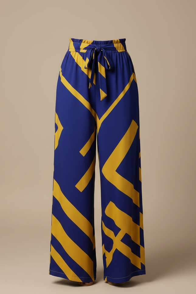 Pantalon Fluide Imprimé Géométrique Bleu Jaune Ample Décontracté - Viscose - vue 3