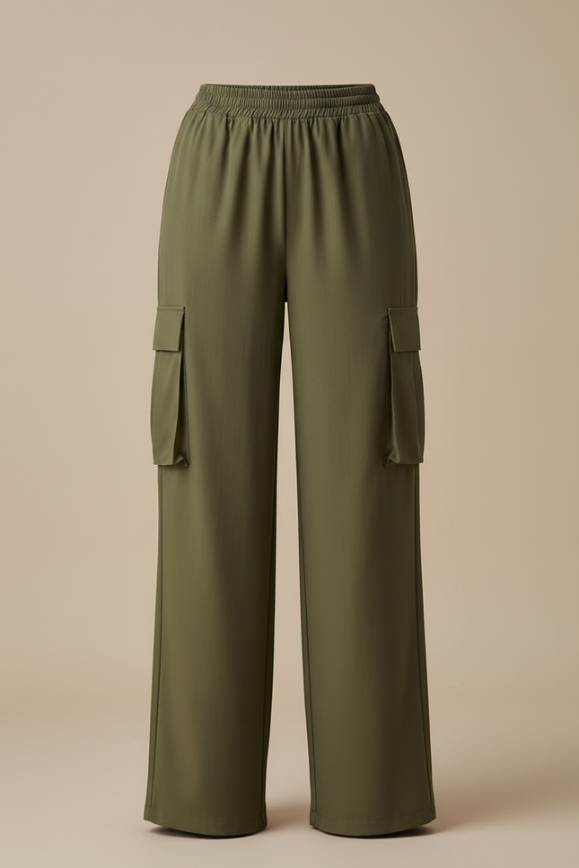 Pantalon Fluide Cargo Vert Ample Taille Élastique - Kaki Polyester - vue 3