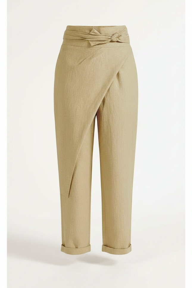 Pantalon Fluide Kaki Lin Ample Ceinture Nouée Élégant - vue 3