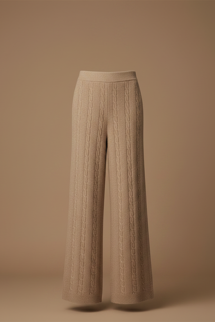 Pantalon Fluide Beige Maille Câblée Laine Mérinos Ample - vue 3