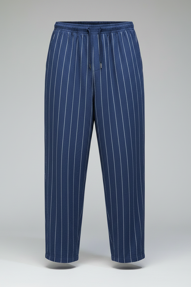 Pantalon Fluide Rayé Bleu Ample Coton Lin - Marine - vue 3