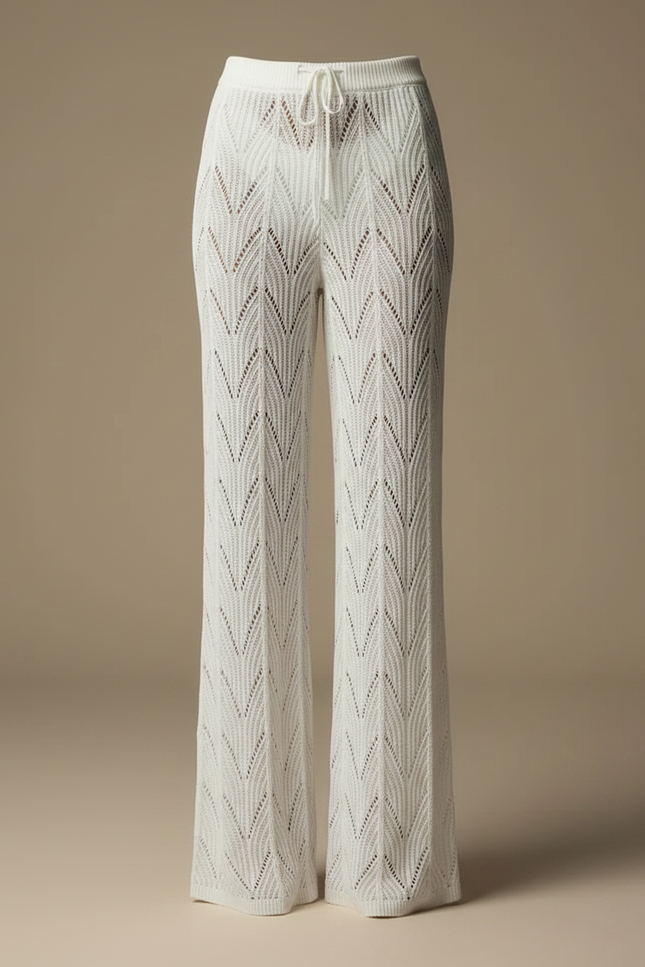 Pantalon Fluide Blanc Tricoté Évasé Creux Élégant - Maille - vue 3