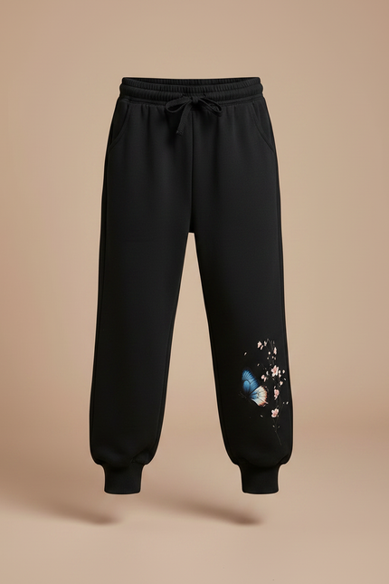 Pantalon Fluide Noir Ample Imprimé Papillon Fleurs - Molleton - vue 3