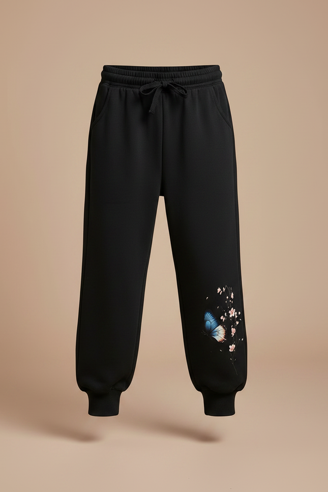 Pantalon Fluide Noir Ample Imprimé Papillon Fleurs - Molleton - vue 3