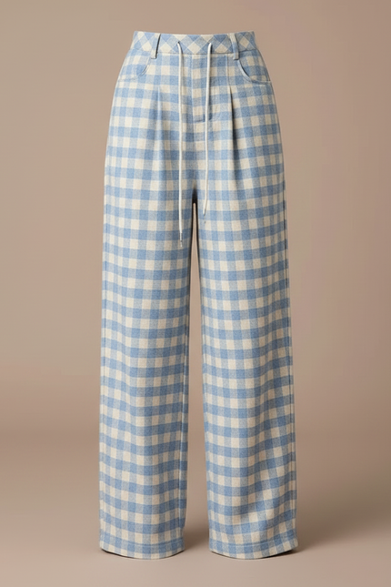 Pantalon Fluide Carreaux Bleus Ample Taille Haute - Tweed - vue 3