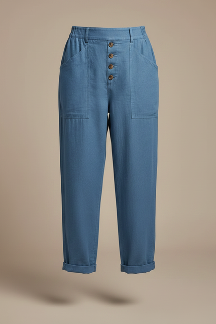 Pantalon Fluide Bleu Coton Lin Ample Boutonné Décontracté - vue 3