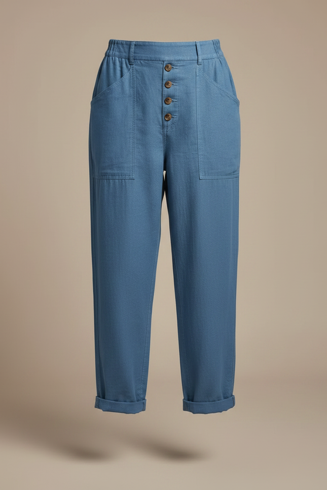 Pantalon Fluide Bleu Coton Lin Ample Boutonné Décontracté - vue 3