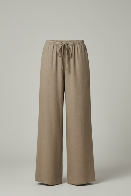 Pantalon Fluide Lin Beige Large Confortable Décontracté - Kaki - vue 3